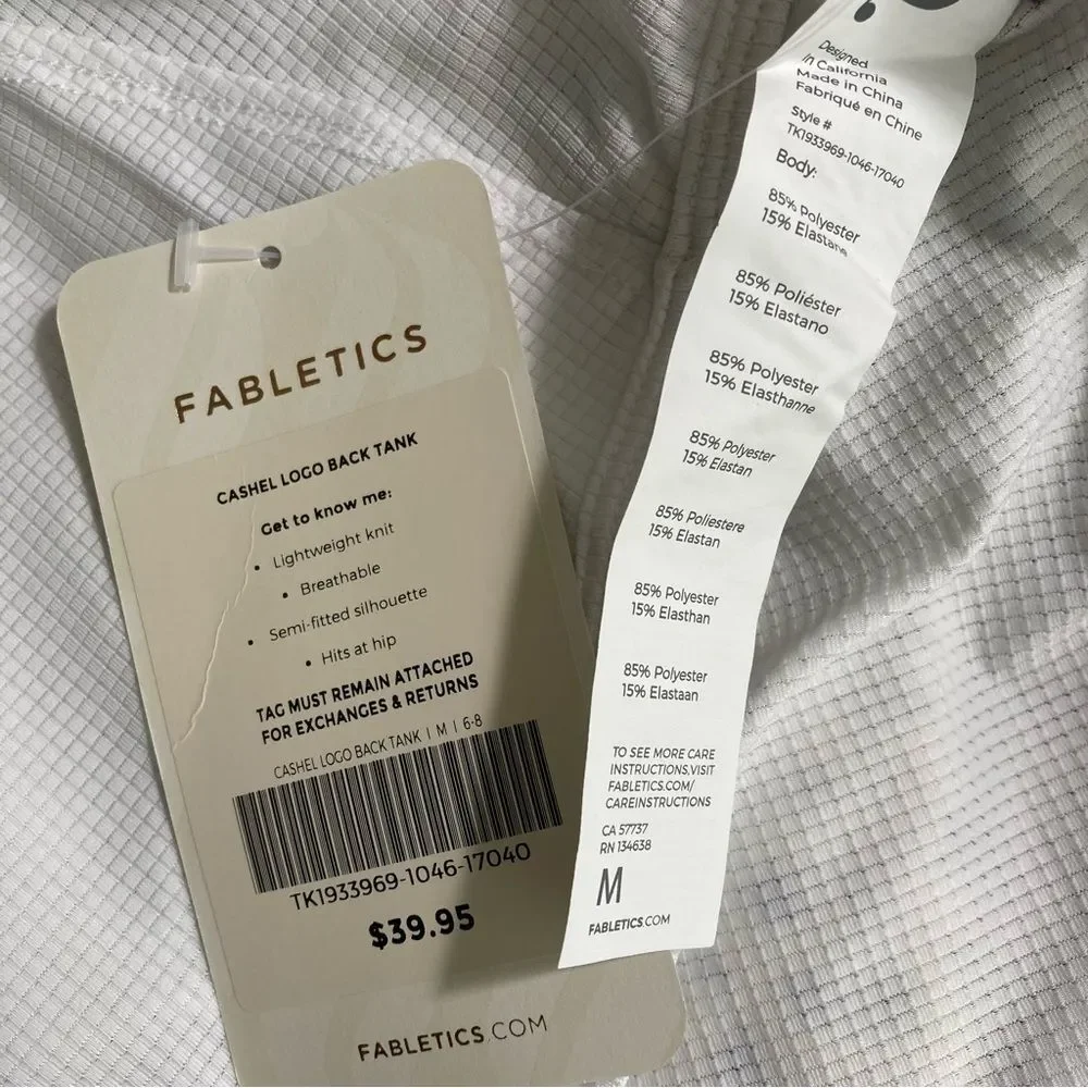 NWT Fabletics White Cashel Logo Back Tank Medium